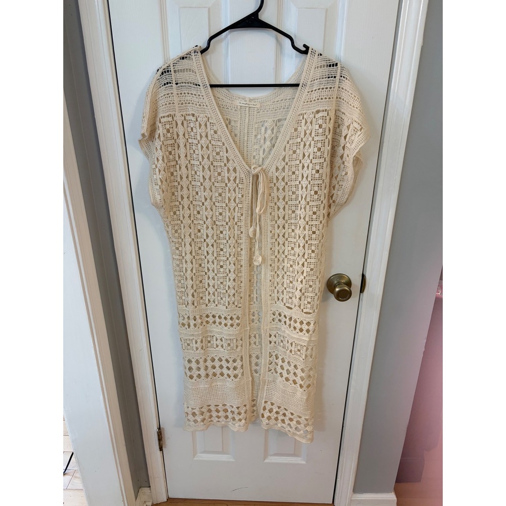Do Everything In Love Cardigan Womens OS Cream Crochet Knit Boho Tie Front Long